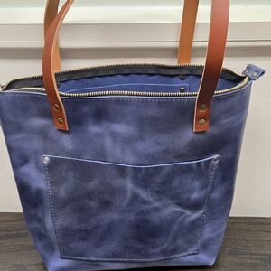 Portland Leather Navy Tote with Tan Straps